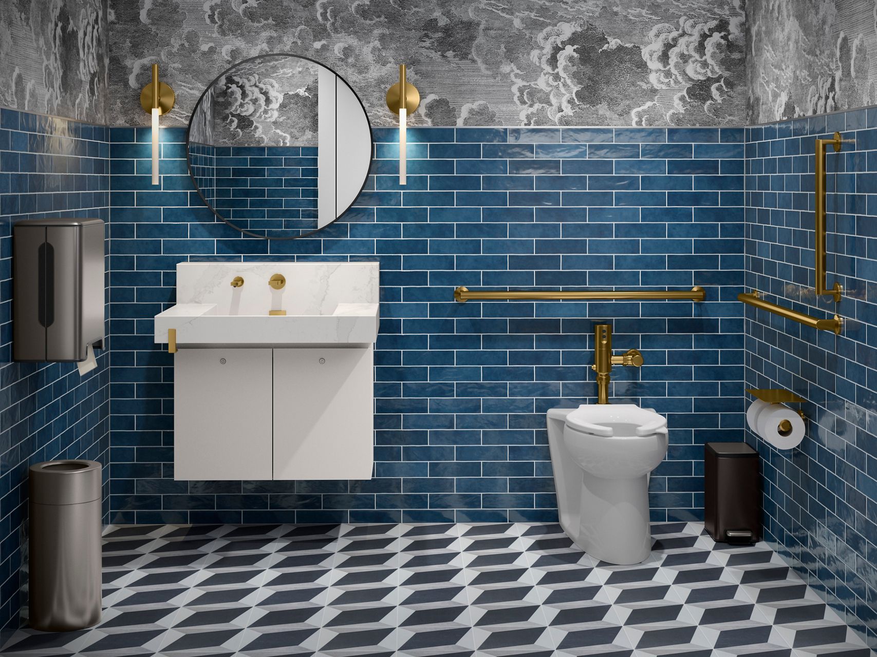 A small vanity setup featuring a white basin, navy blue tiled walls, and a patterned black-and-white tiled floor.