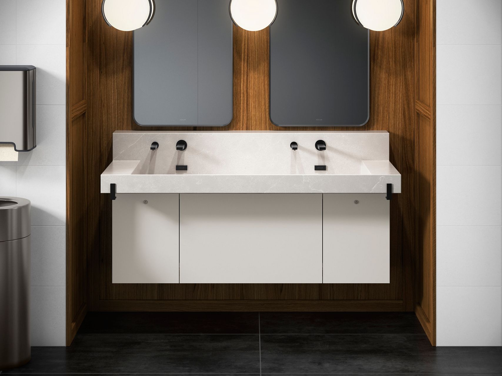 A mid-sized vanity with two basins, wood accents, and a contemporary lighting arrangement.