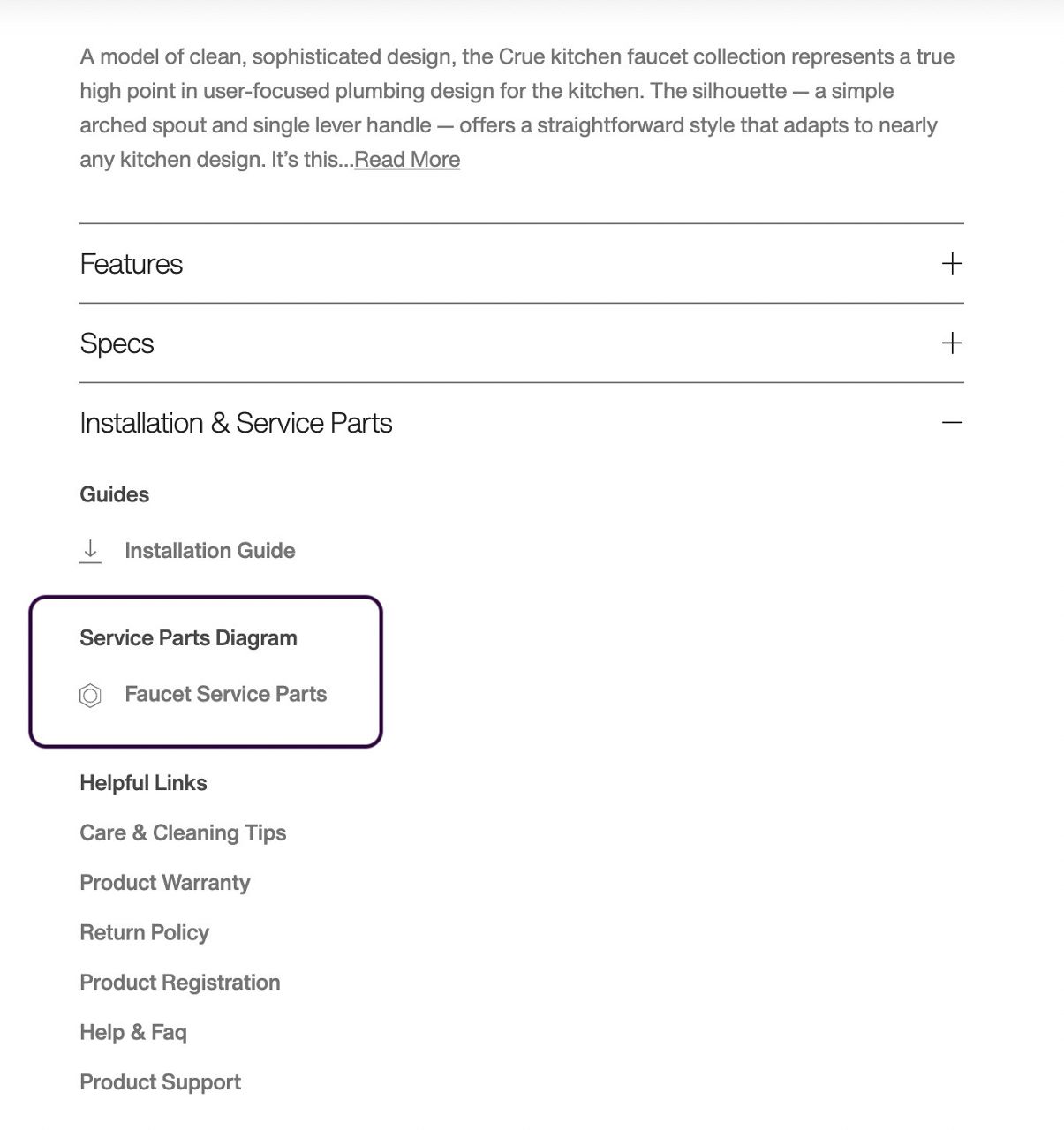 Screenshot image of a Kohler.com web page, featuring service and parts information on the page, including downloadable diagrams.