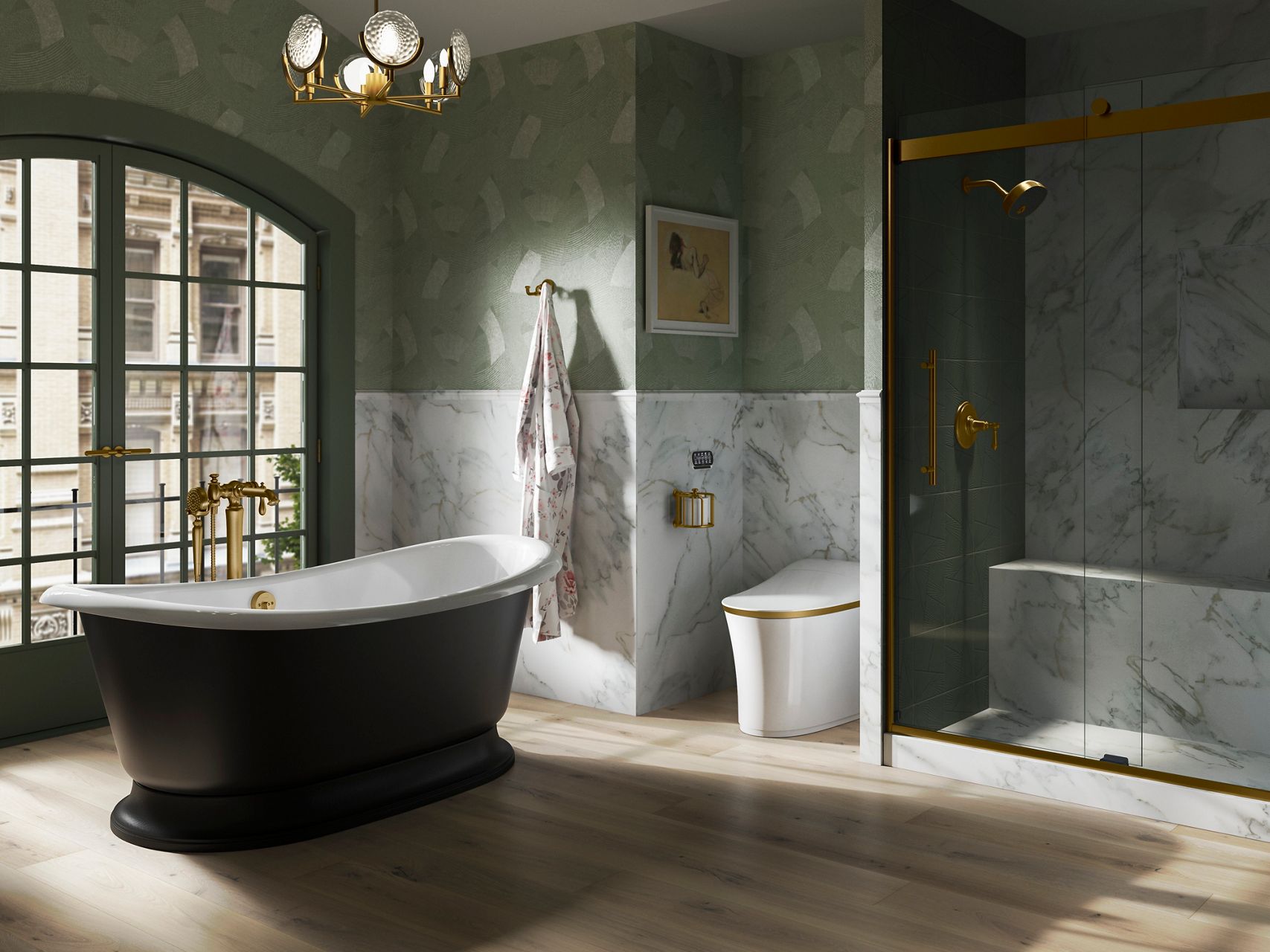 Luxurious black bathtub with gold faucet in marble-walled bathroom.