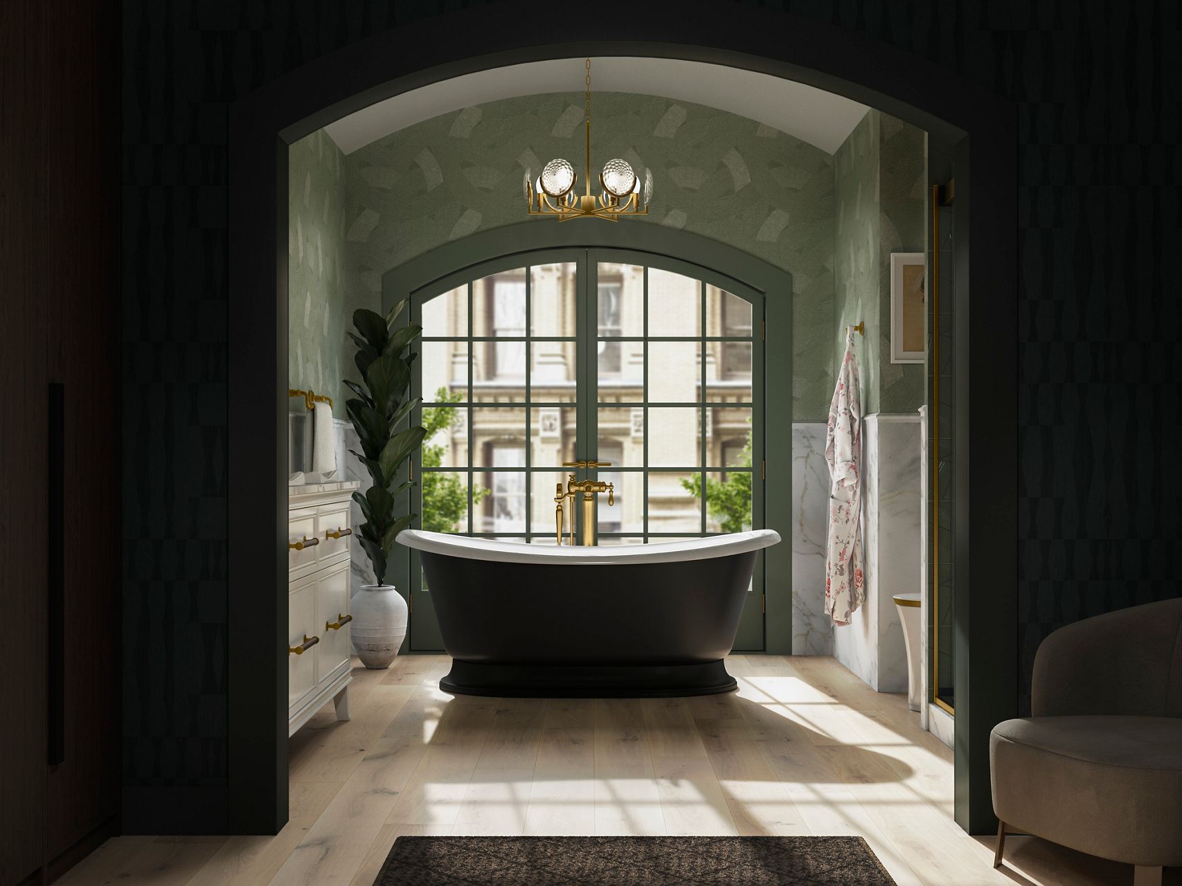 Baignoire autoportante en fonte émaillée KOHLER avec un magnifique dessous noir.