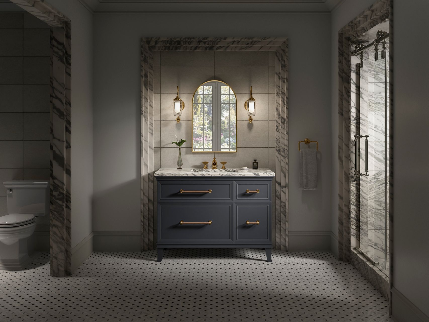 Dark gray vanity with gold hardware and two drawers