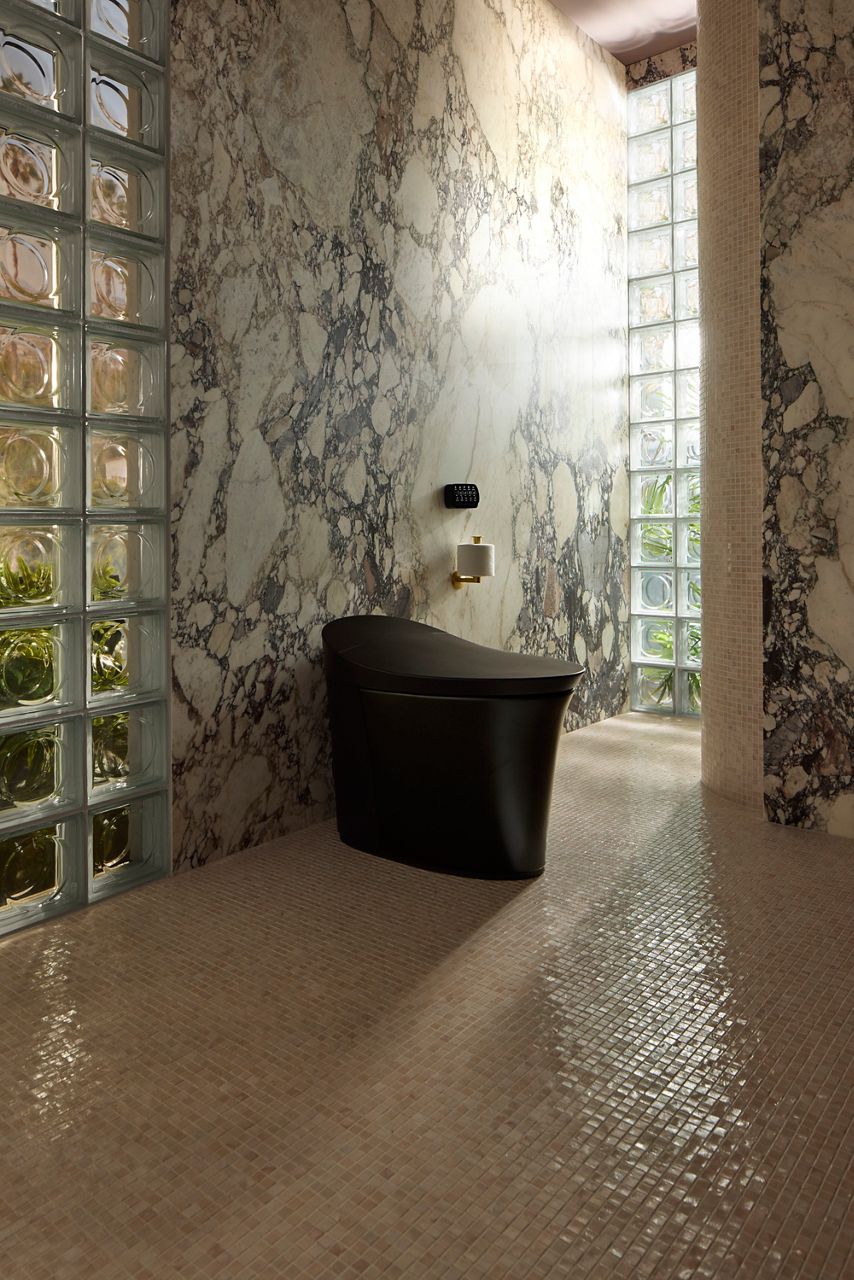 Modern black smart toilet in a luxurious bathroom with marble-patterned walls and gold-accented toilet paper holder.