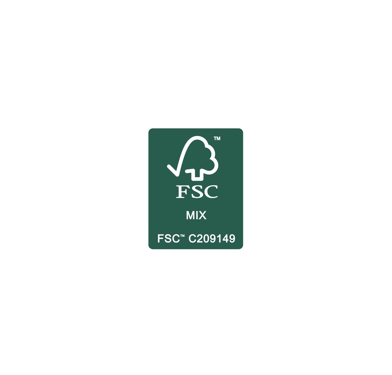 Logo FSC avec une coche blanche sur fond vert, le texte indique « FSC Trademark C209149 ».