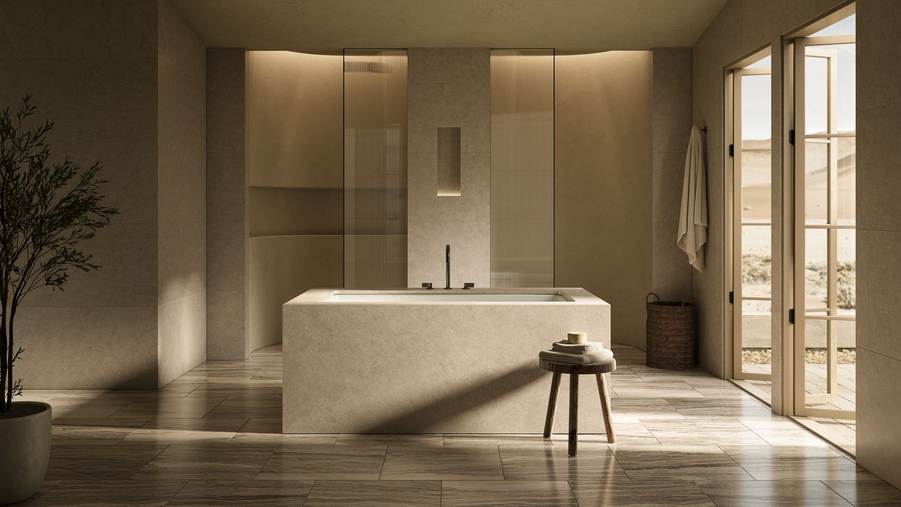 Minimalist beige bathroom with natural light and a wooden stool.