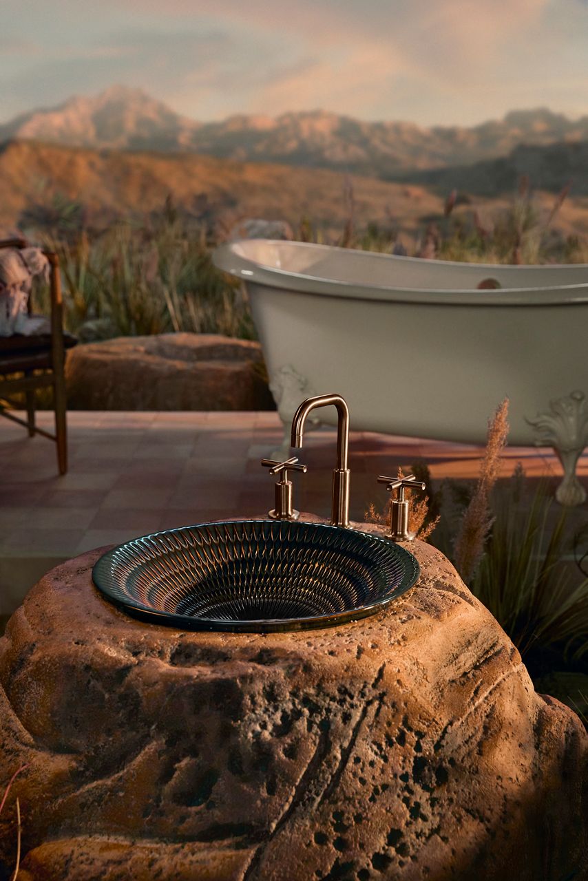 Colors of Nature vessel sink with earthy textures.