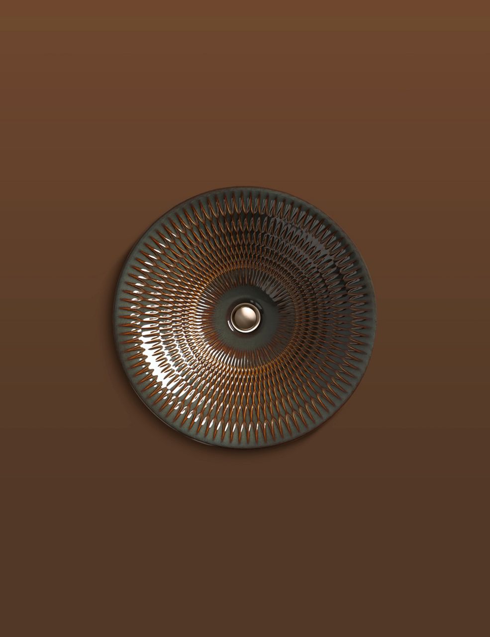 Round textured sink in Bourbon Rutile, an artisanal glaze with rich tones of tan and brown.