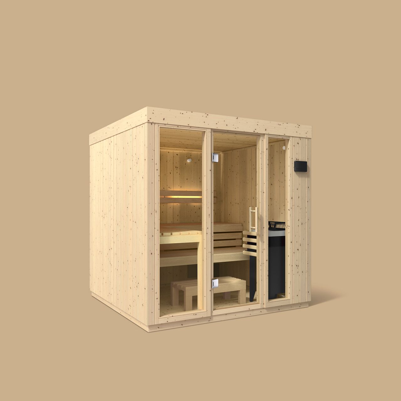 Spacious sauna with dual benches and room for up to five people.