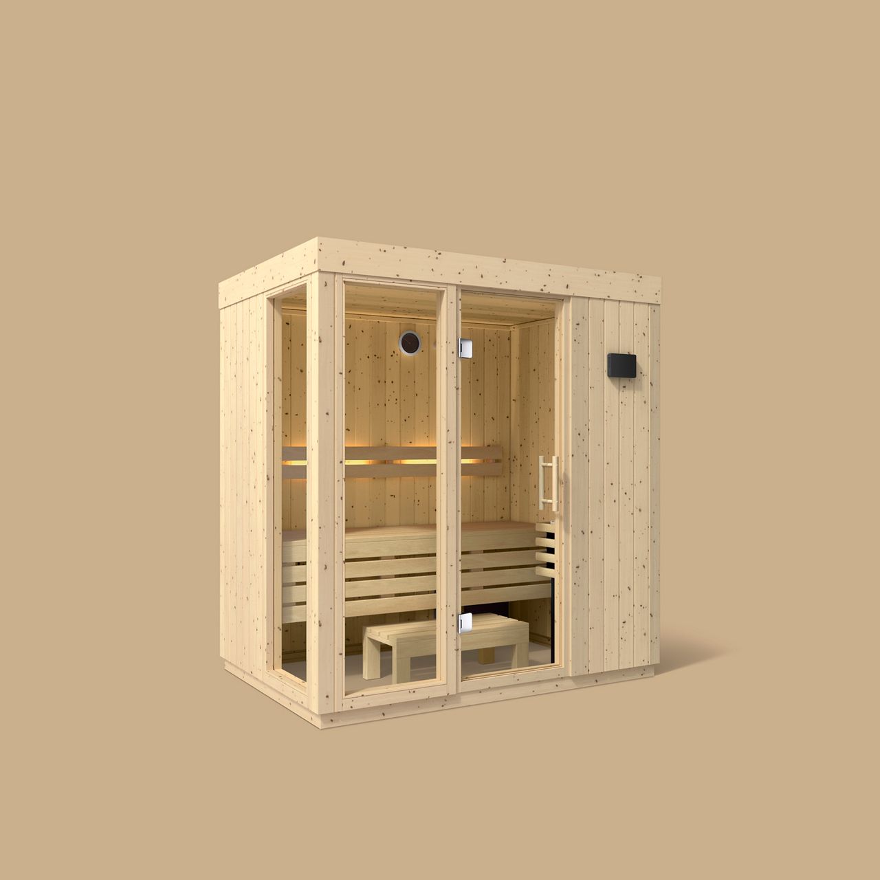 Mid-size sauna with multiple wooden benches for three to four people.