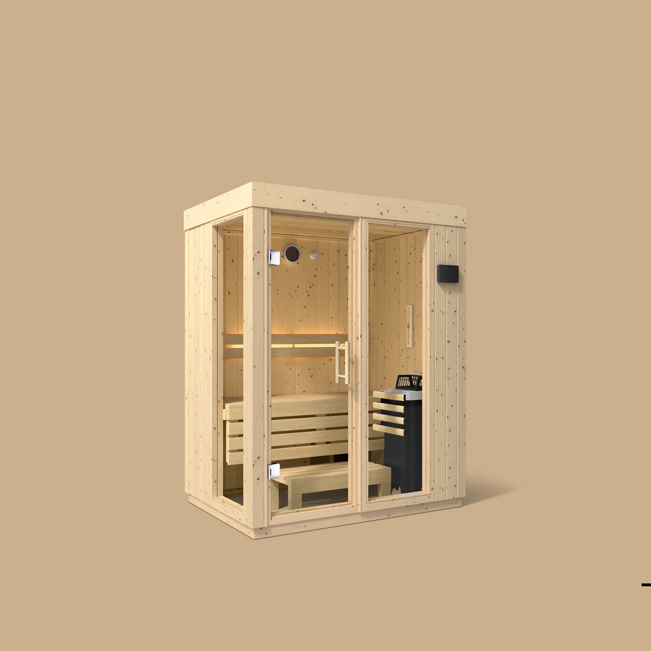 Compact glass-door sauna designed for one to two people.