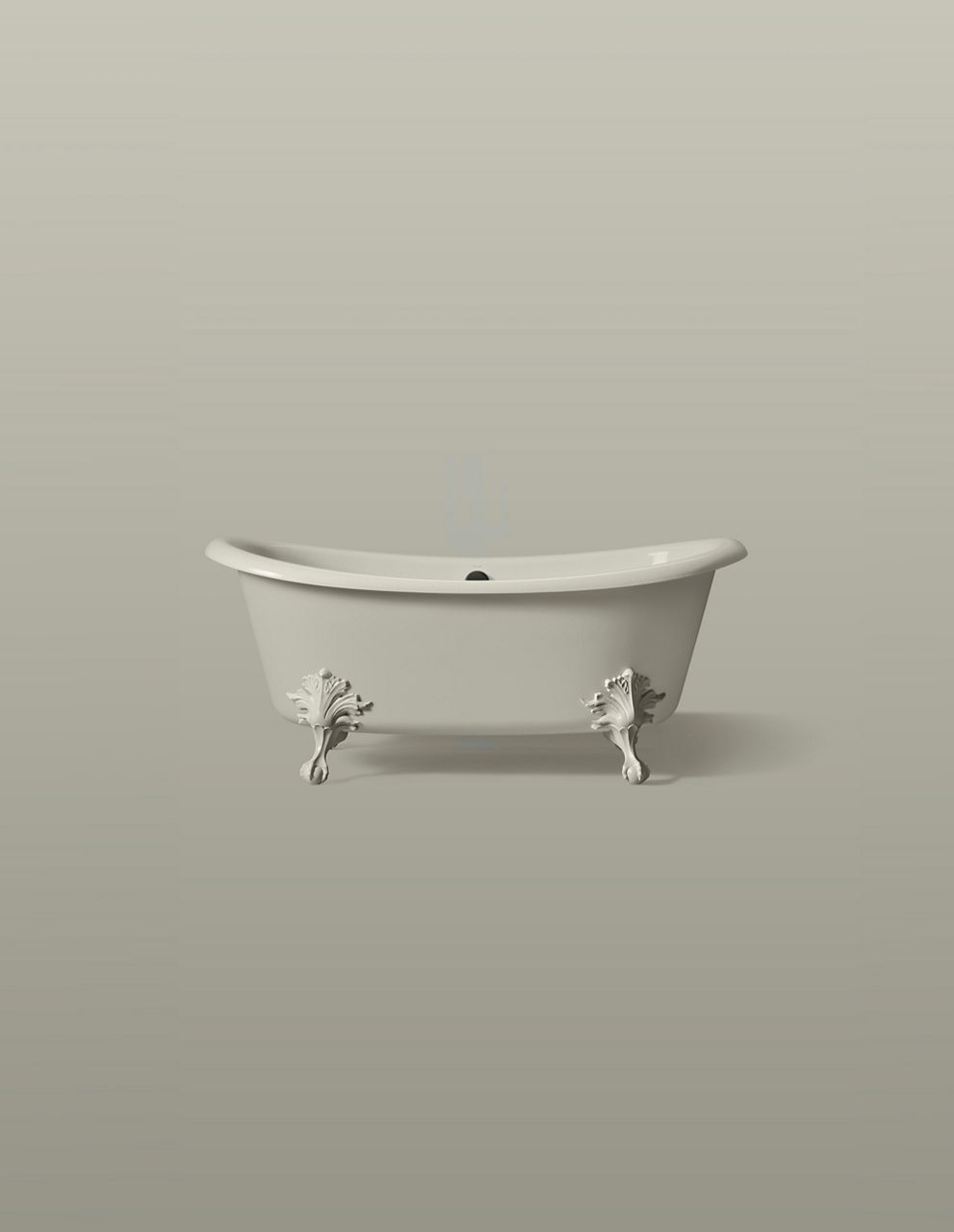 White clawfoot bathtub in Dune, a cool off-white color inspired by desert minimalism.
