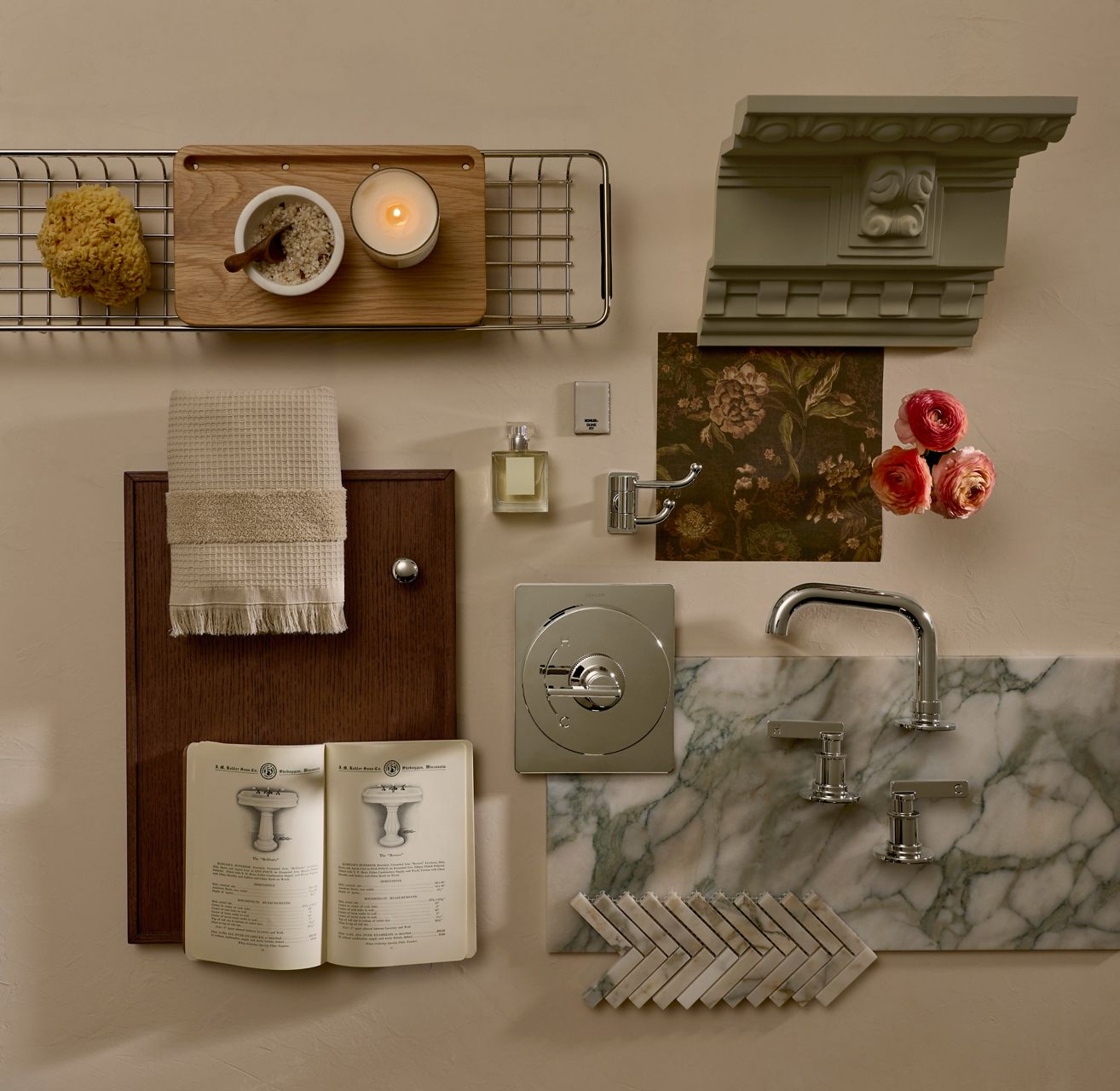A flatlay of design elements, including a bath caddy, wallpaper swatch, a faucet, and marble tiling.