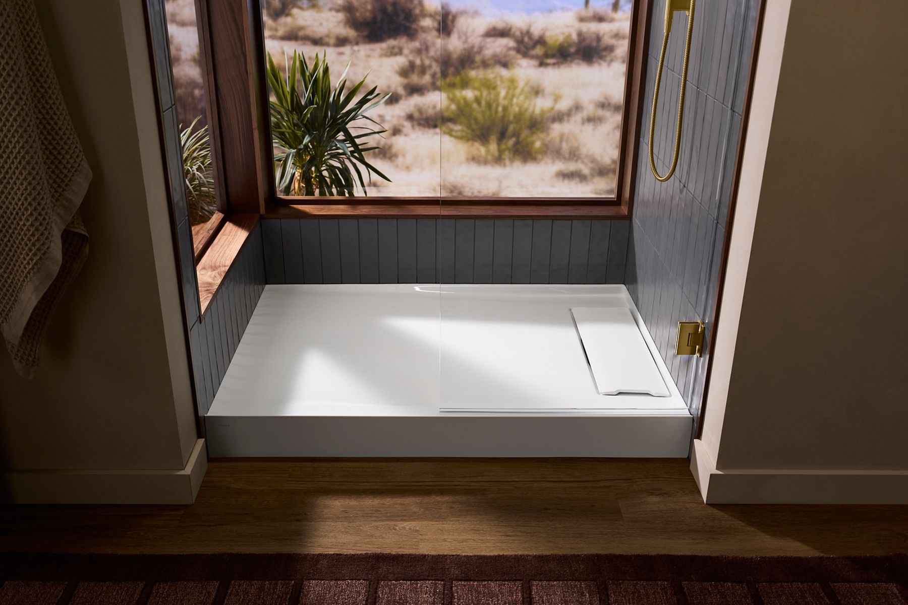 Anthem EvoCycle shower base with a low-threshold design and integrated drain, installed in a walk-in shower with a large window overlooking a desert landscape.