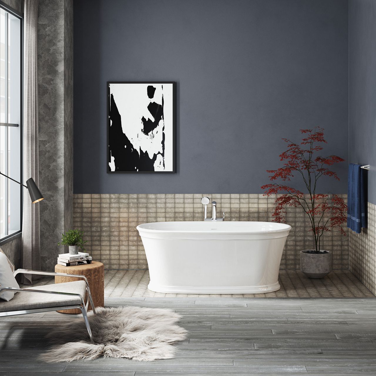 A white KOHLER Memoirs® freestanding bath installed against a gray wall, in a bathroom with gray floors and a large framed black and white photo.