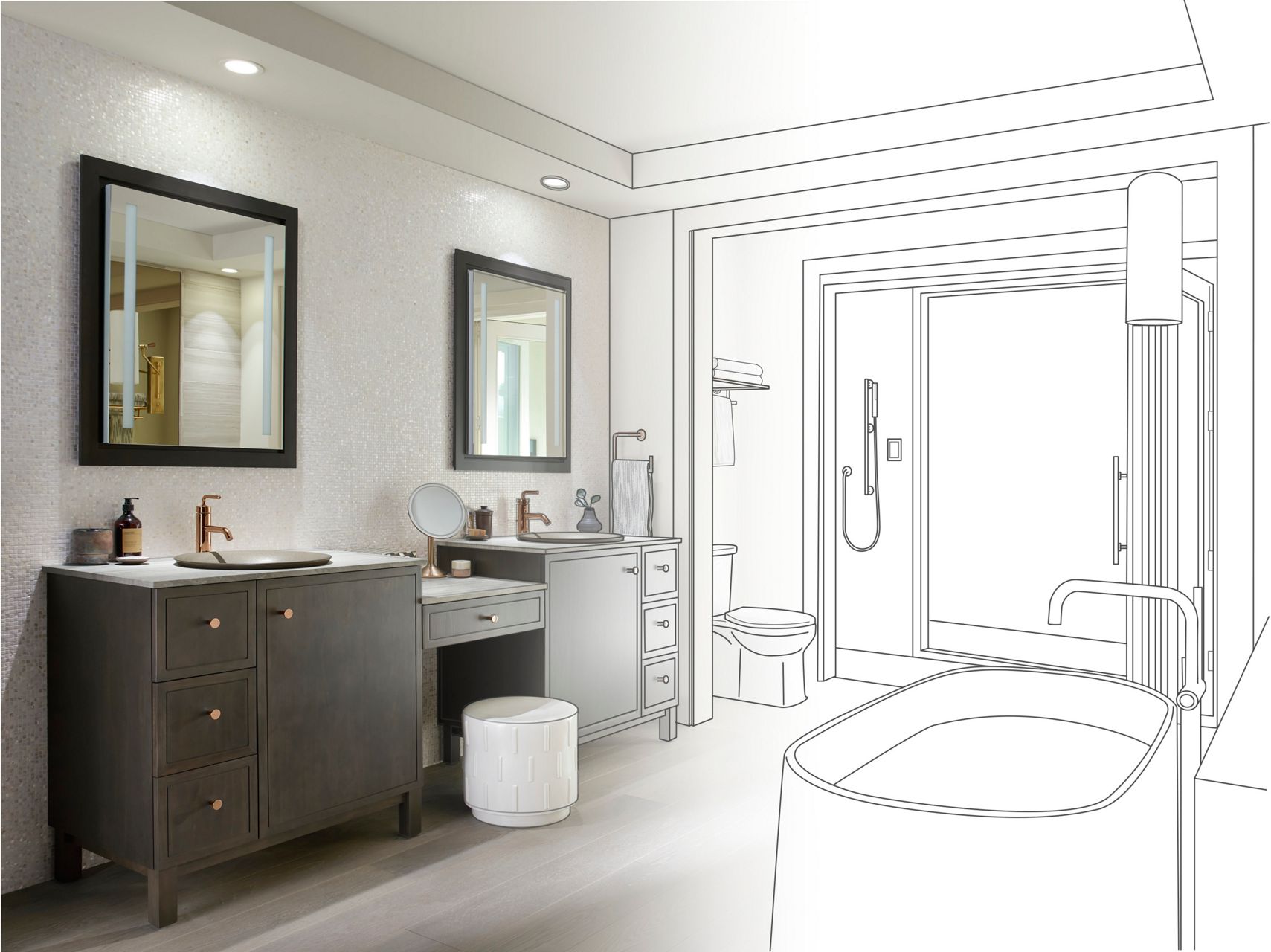 Salle de bain transitionnelle avec meubles-lavabos KOHLER et illustration modèle