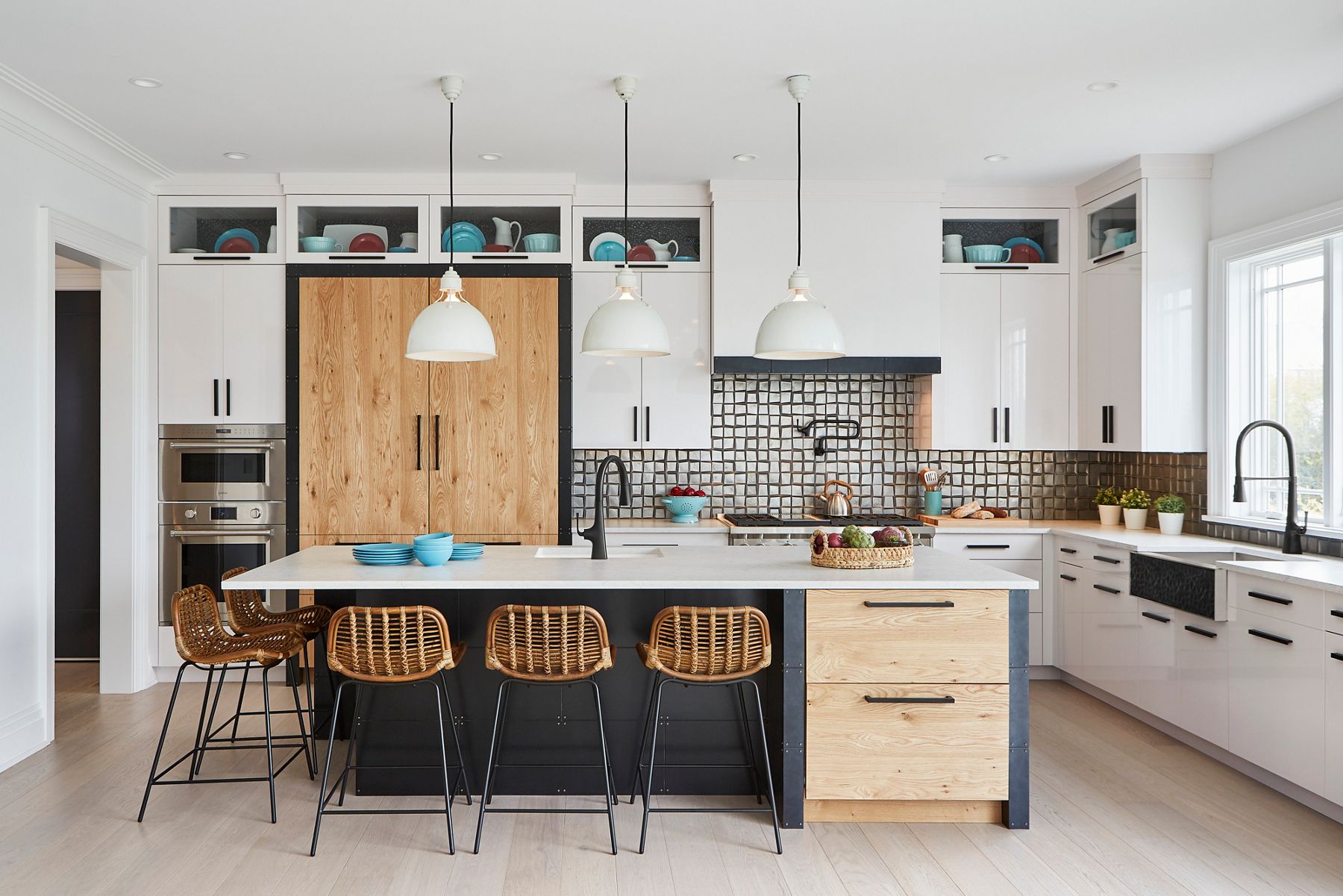 Modern farmhouse kitchen with white, gray, and wood accents