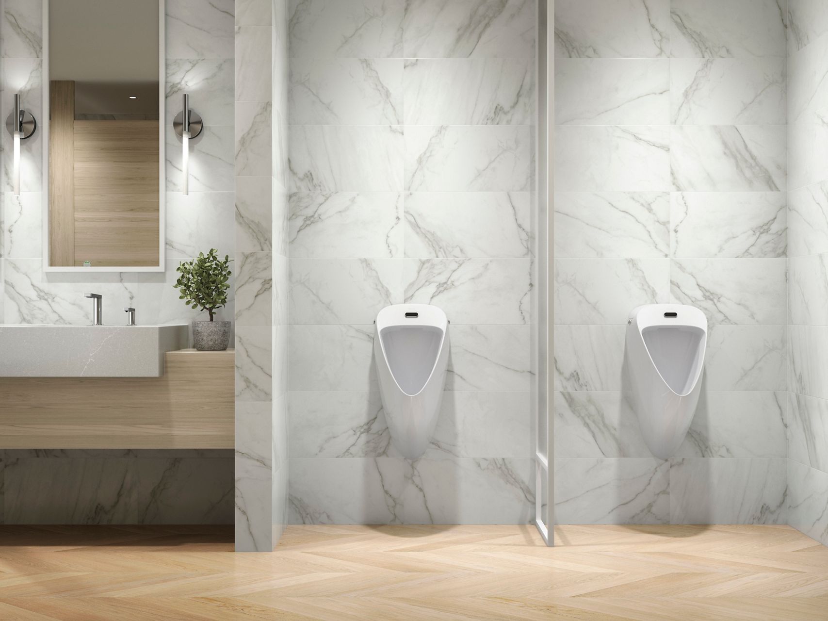 White touchless urinal in a half stall commercial bathroom with white marble walls and tan flooring.