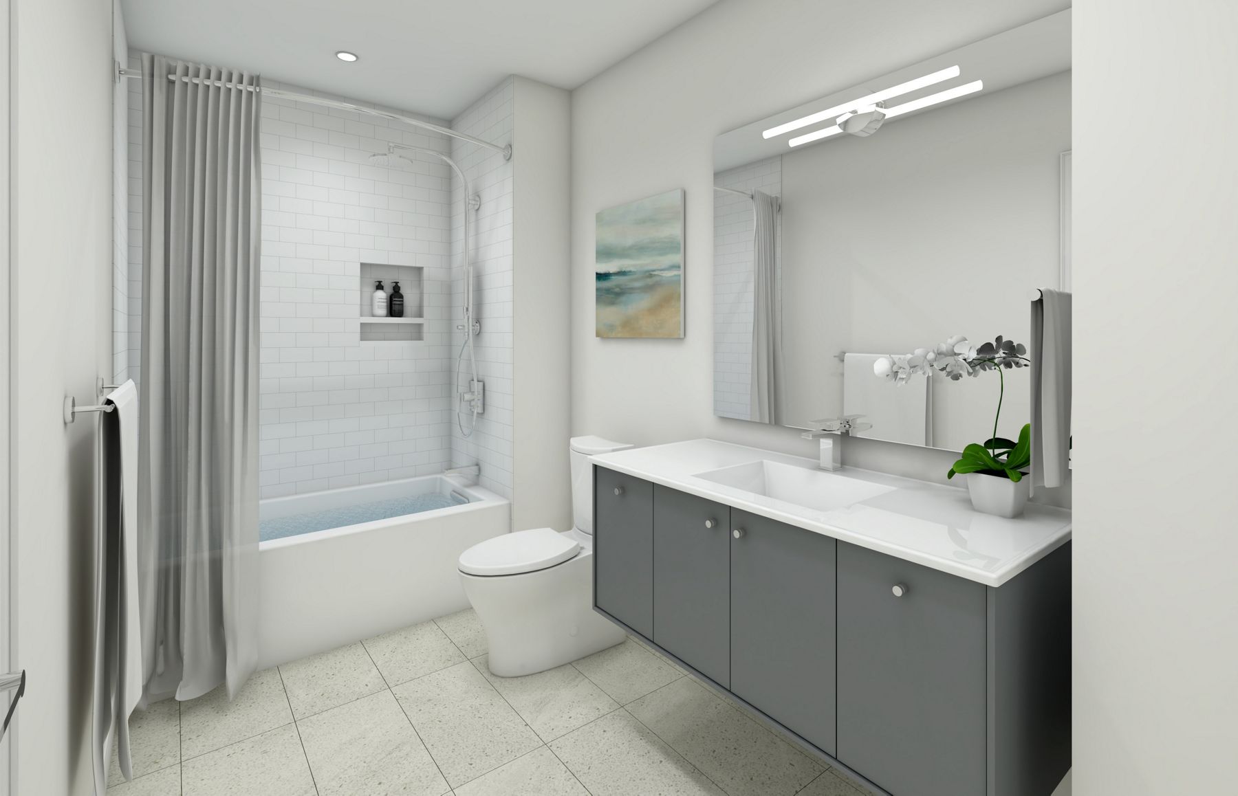 Modern, neutral toned bathroom with grey, wall mounted vanity featuring Ceramic/ Impressions vanity-top sink and Honesty single-handle bathroom sink faucet next to Persuade Comfort Height two-piece toilet and Underscore alcove bath with Honesty wall-mount bath spout.