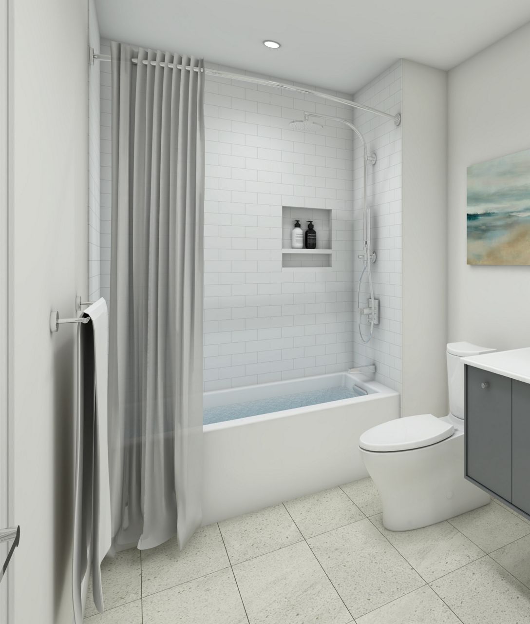 White and gray bathroom with tub shower, curved shower rod, and gray wall-mount vanity.