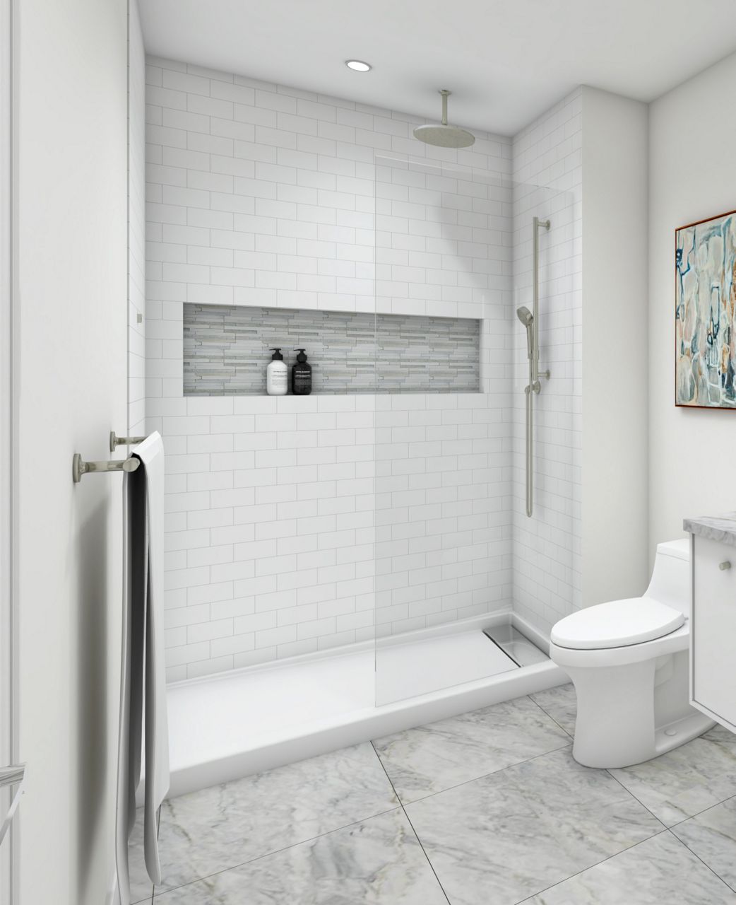 Bright white bathroom with KOHLER walk-in shower, rainhead, shower fittings, and toilet.