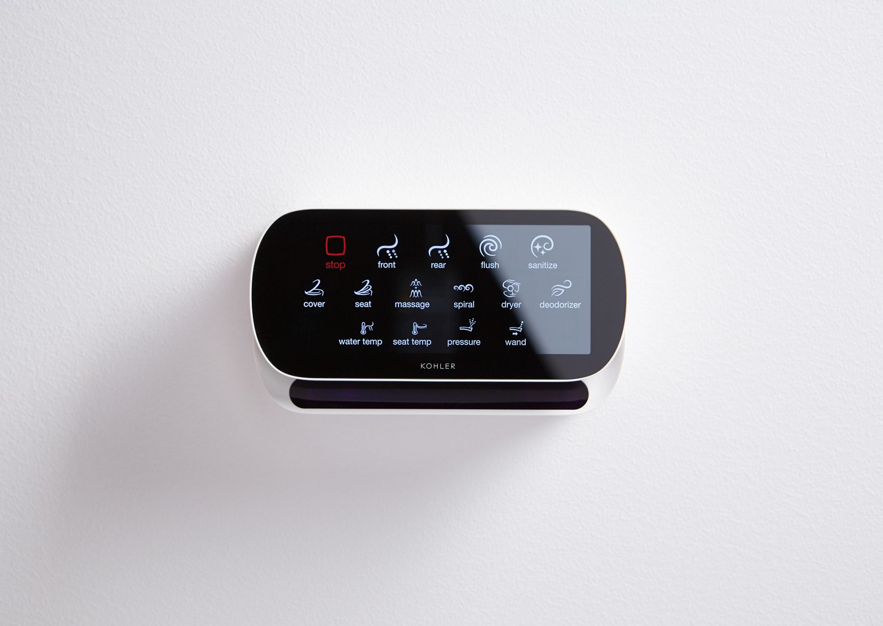 A close-up view of a wall-mounted control panel for a KOHLER Intelligent toilet.