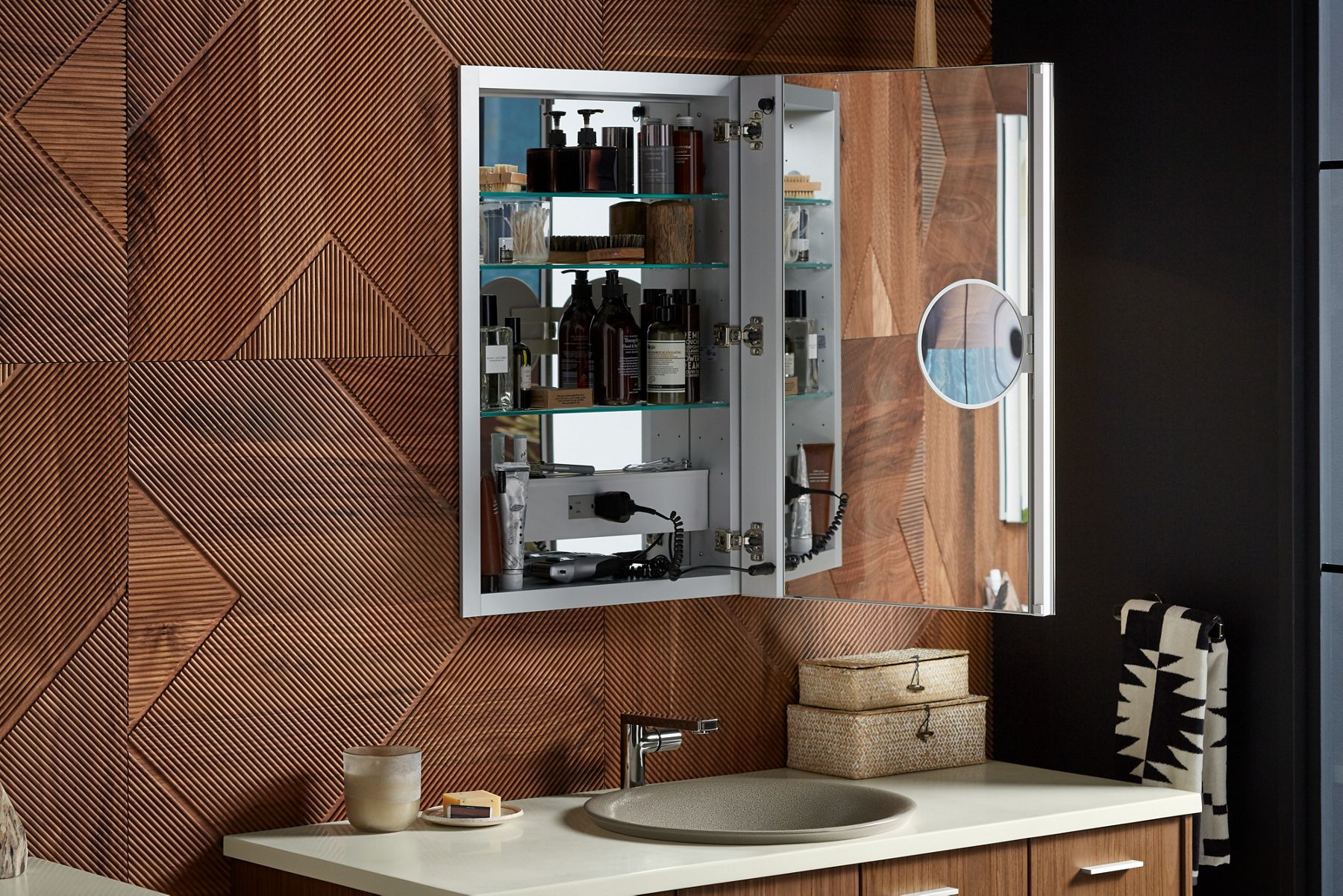 Open KOHLER Verdera medicine cabinet with accessories in eclectic bathroom