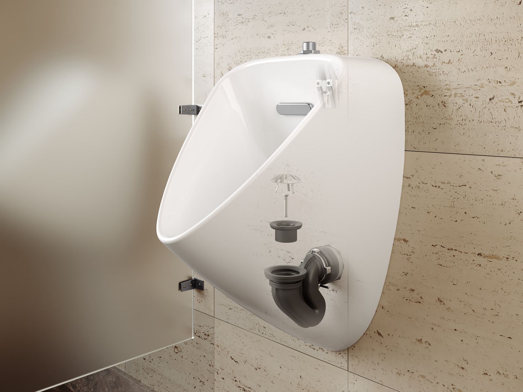 Cutaway graphic showing the internal p-trap components of a contemporary urinal.