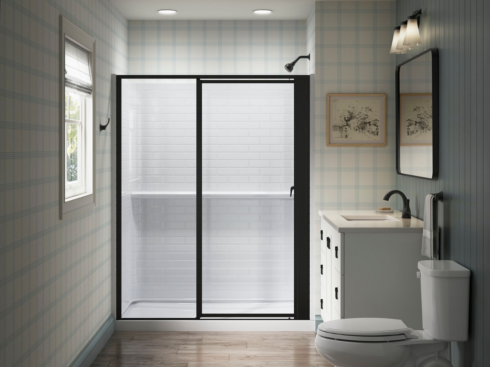 Attend™ Pivot Shower Door with clear glass and a black frame set in a classic neutral bathroom.
