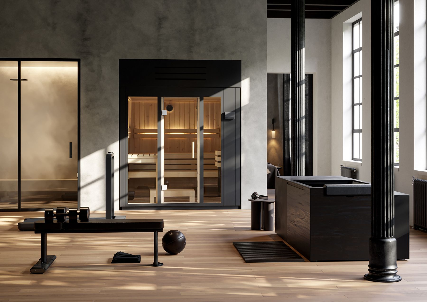 Sleek KOHLER indoor sauna with glass doors integrated into a home wellness space.