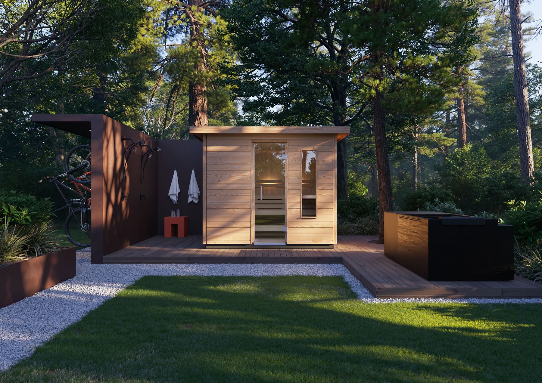 Wooden outdoor sauna cabin set in a landscaped garden with trees and stone pathways.