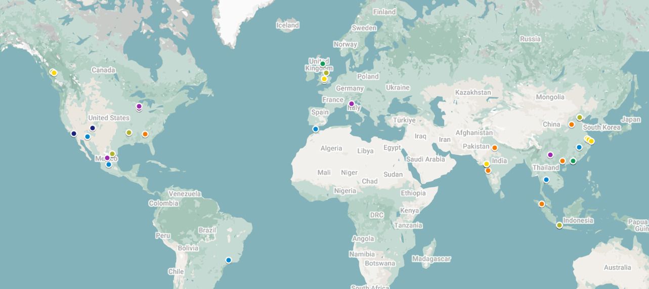 Map showing global locations of Kohler water-related initiatives.