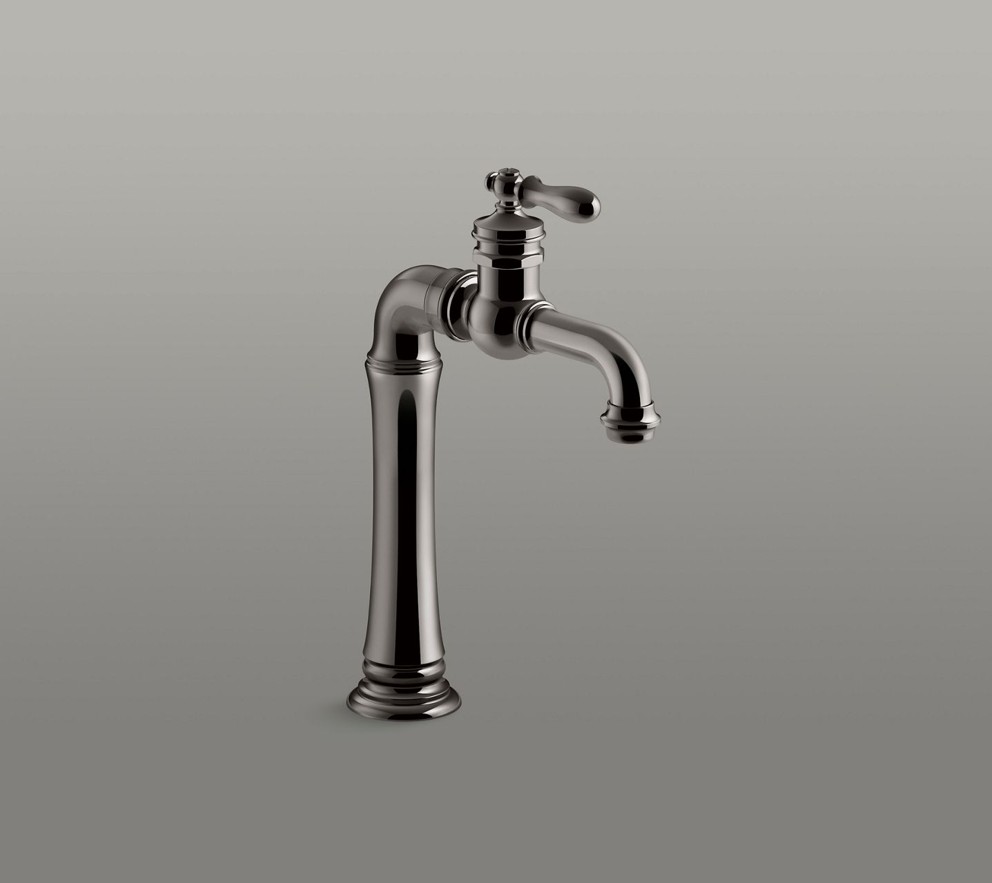 Traditional style bridge faucet in polished chrome with elegant curved spout.