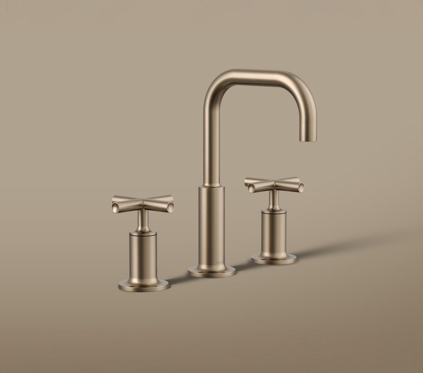 Titanium faucet set with arched spout and streamlined handles.