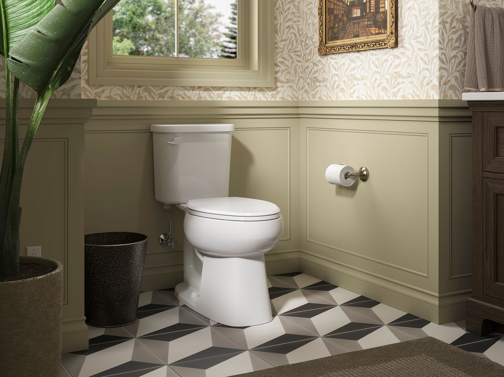Classic white toilet in a sage green and neutral bathroom with patterned flooring and antique touches.