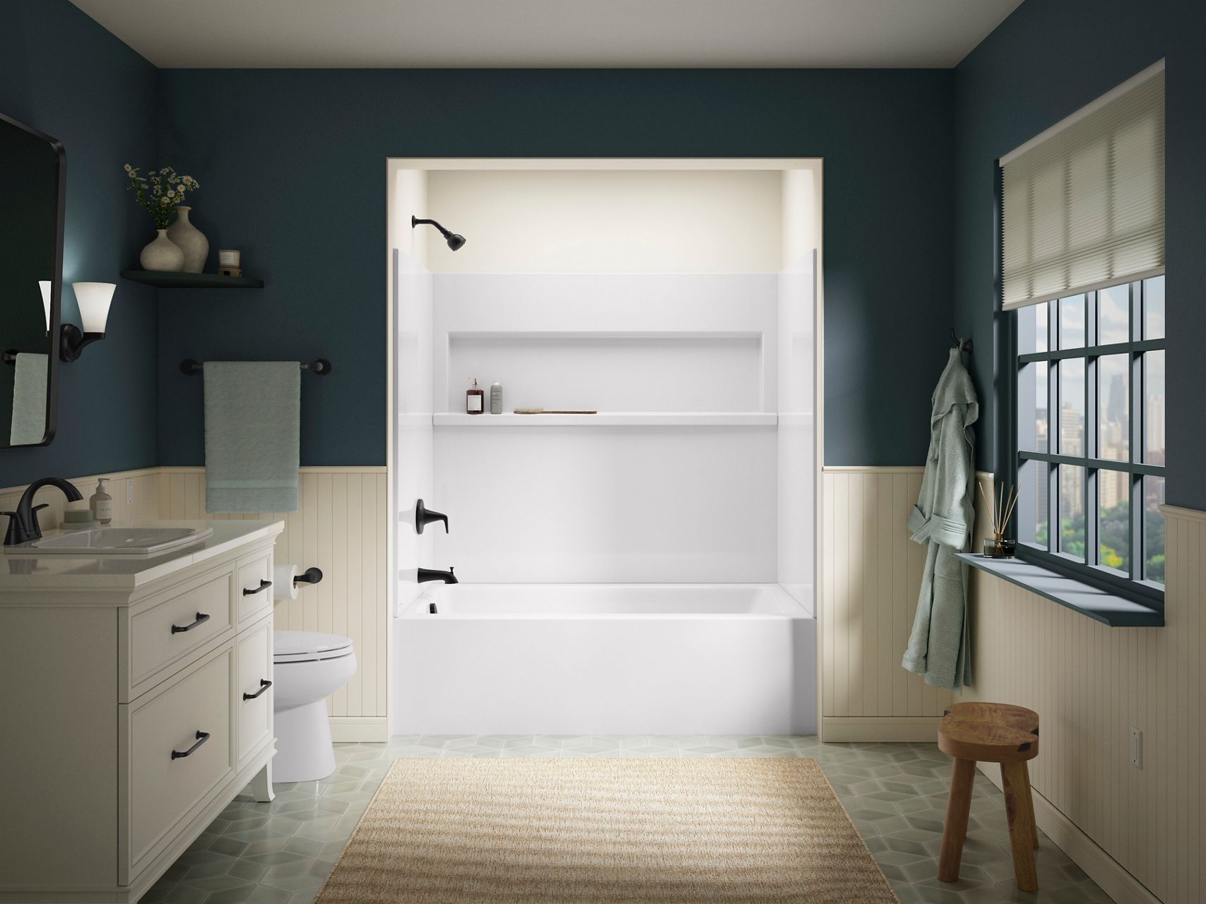 Forum™ Reserve Bath and Shower combo in a modern white and teal bathroom.