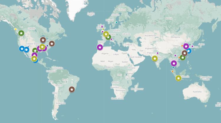 World map graphic displaying locations of Kohler projects and global impact initiatives across North America, South America, Europe, Africa, Asia, and Australia.