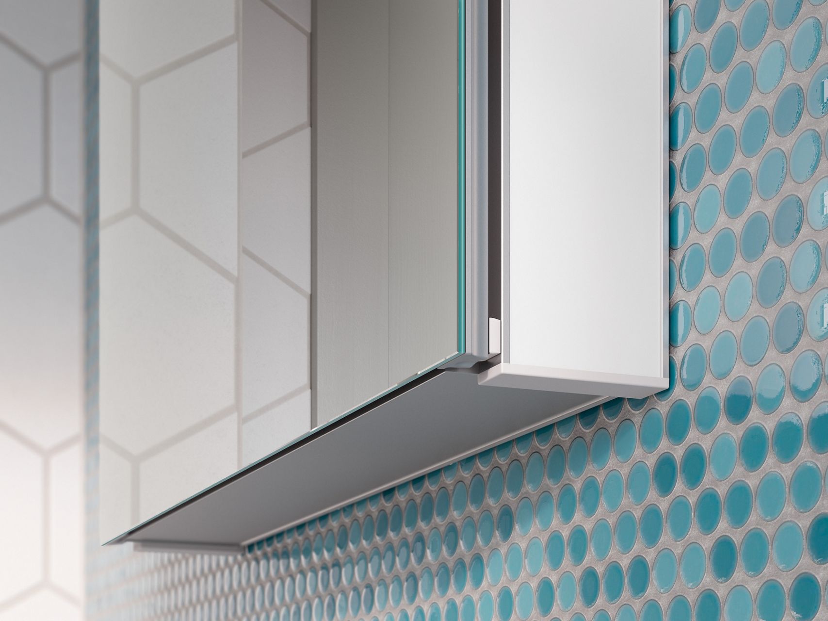 A profile view of a KOHLER surface-mount medicine cabinet with a white-colored side kit installed.