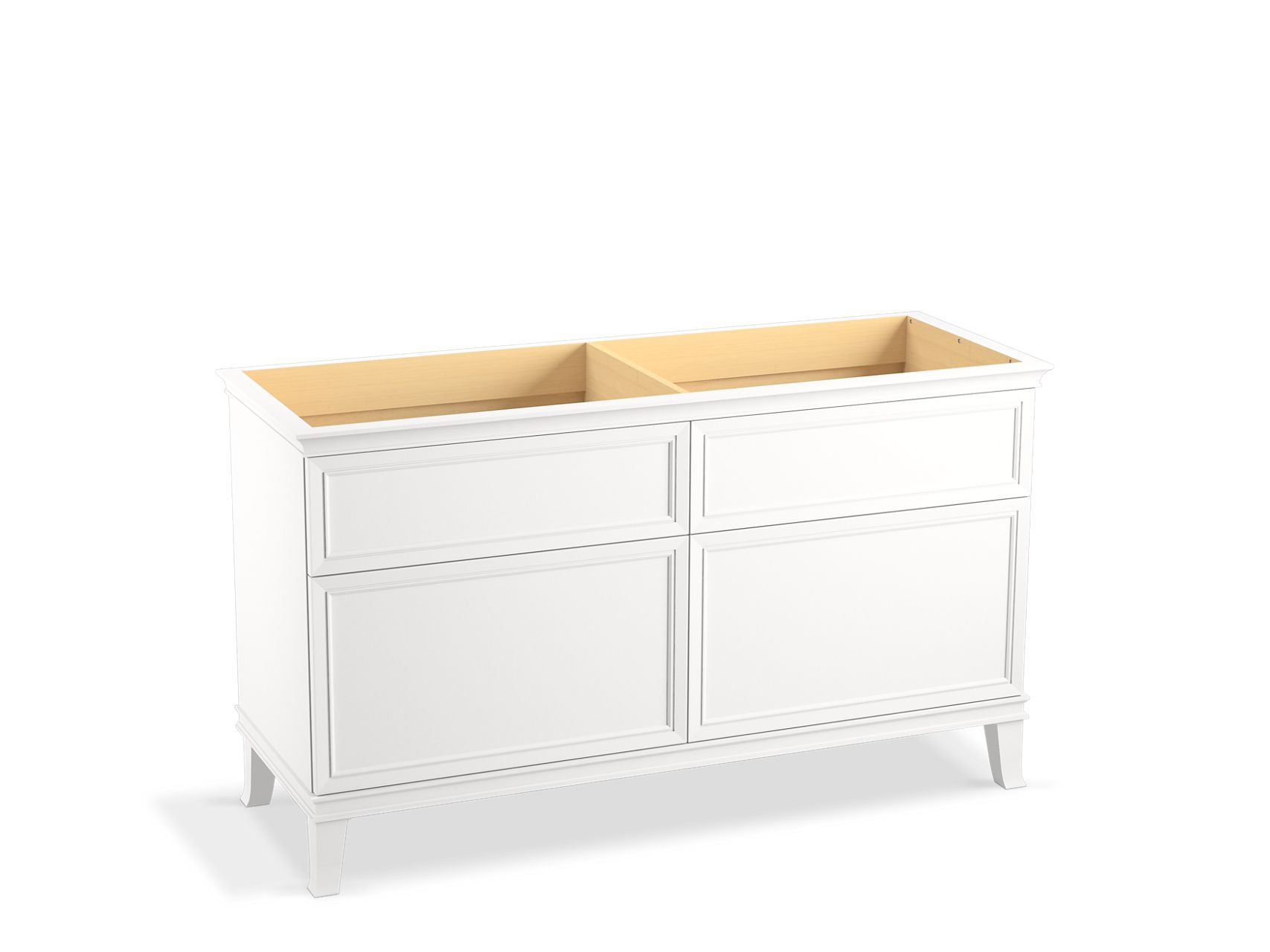 A white vanity with two narrow upper panels and two larger lower panels and no countertop against a white background.