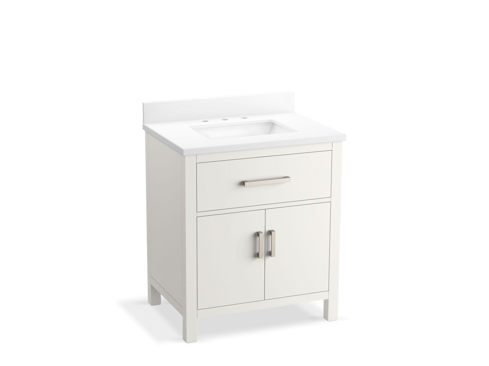 Compact white vanity with single drawer and cabinet