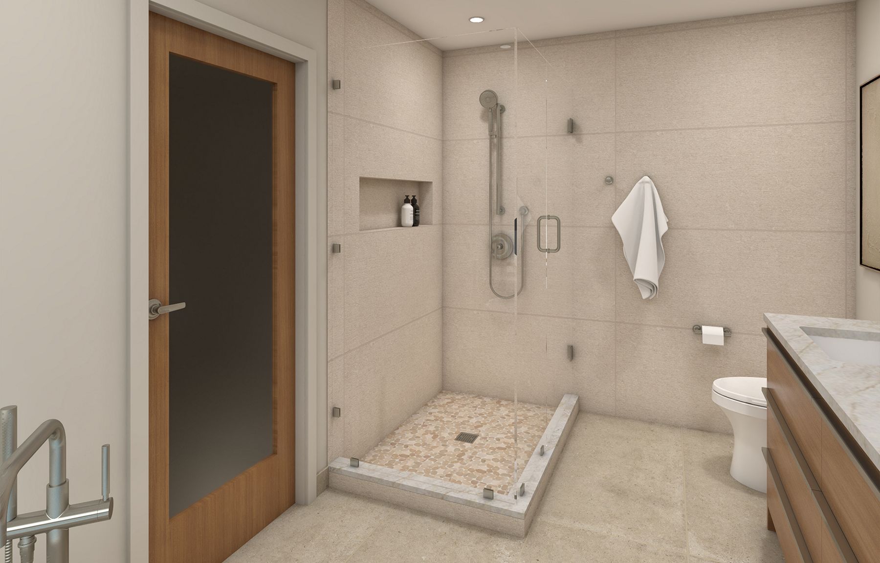 Modern bathroom with walk-in shower wall-mounted showerhead, built-in shelf, and towel hanging on wall.