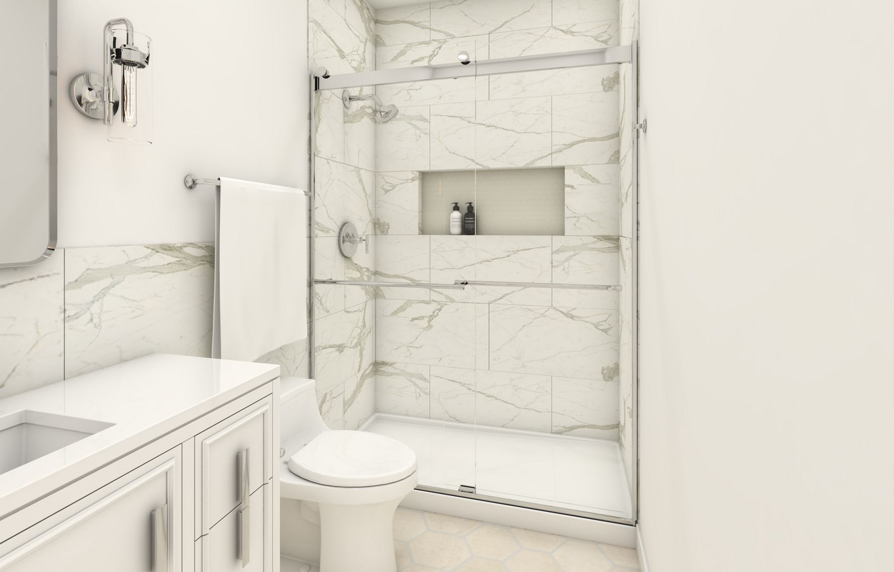 A bathroom in tones of white with a bath & shower combo on the right, a mirror on the left, along with a white vanity, sink and counter top. Toilet is in between shower and sink.