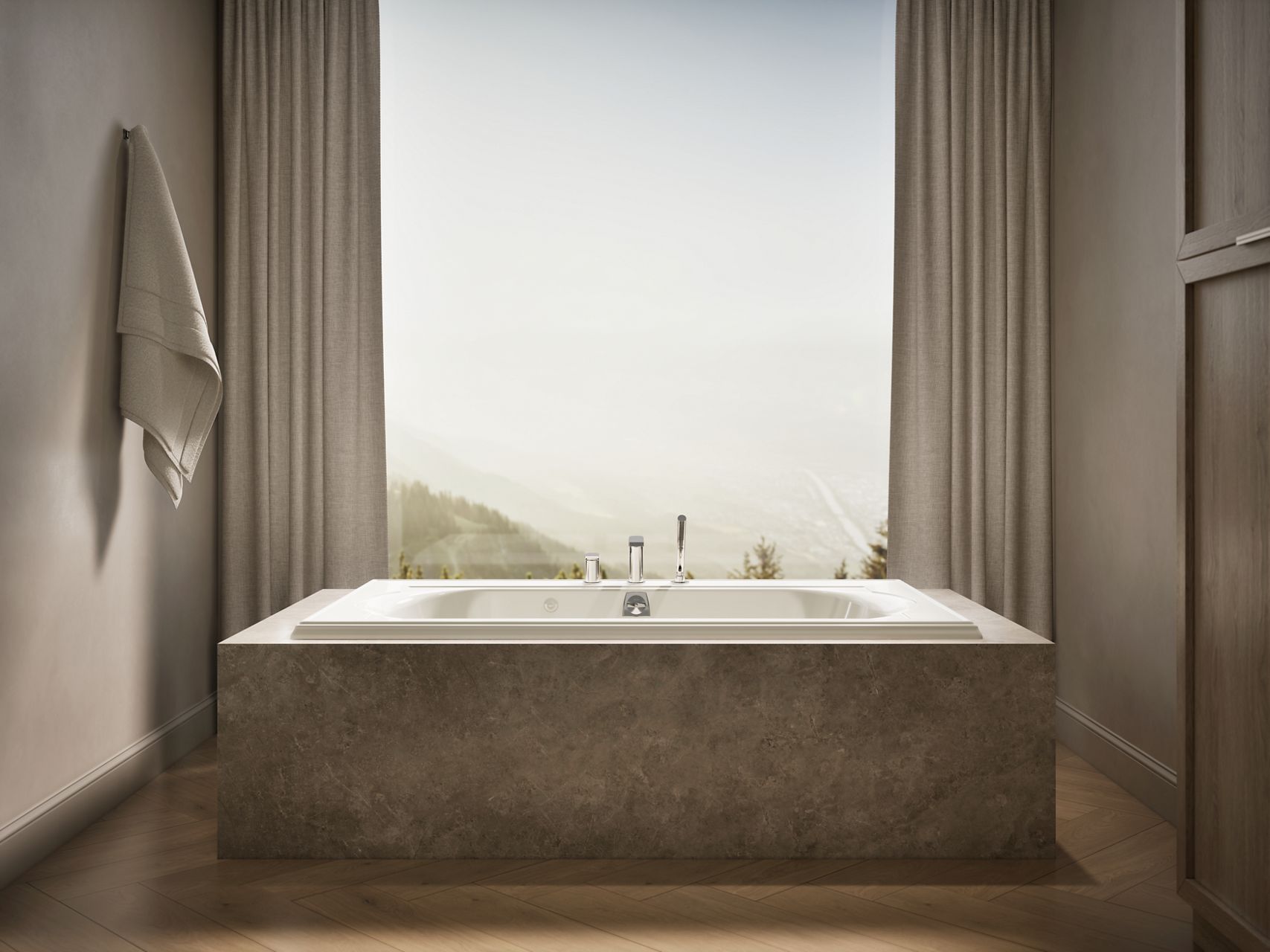 Claude collection rectangular drop-in bathtub set against a large picture window with mountain views in a serene, spa-inspired bathroom.