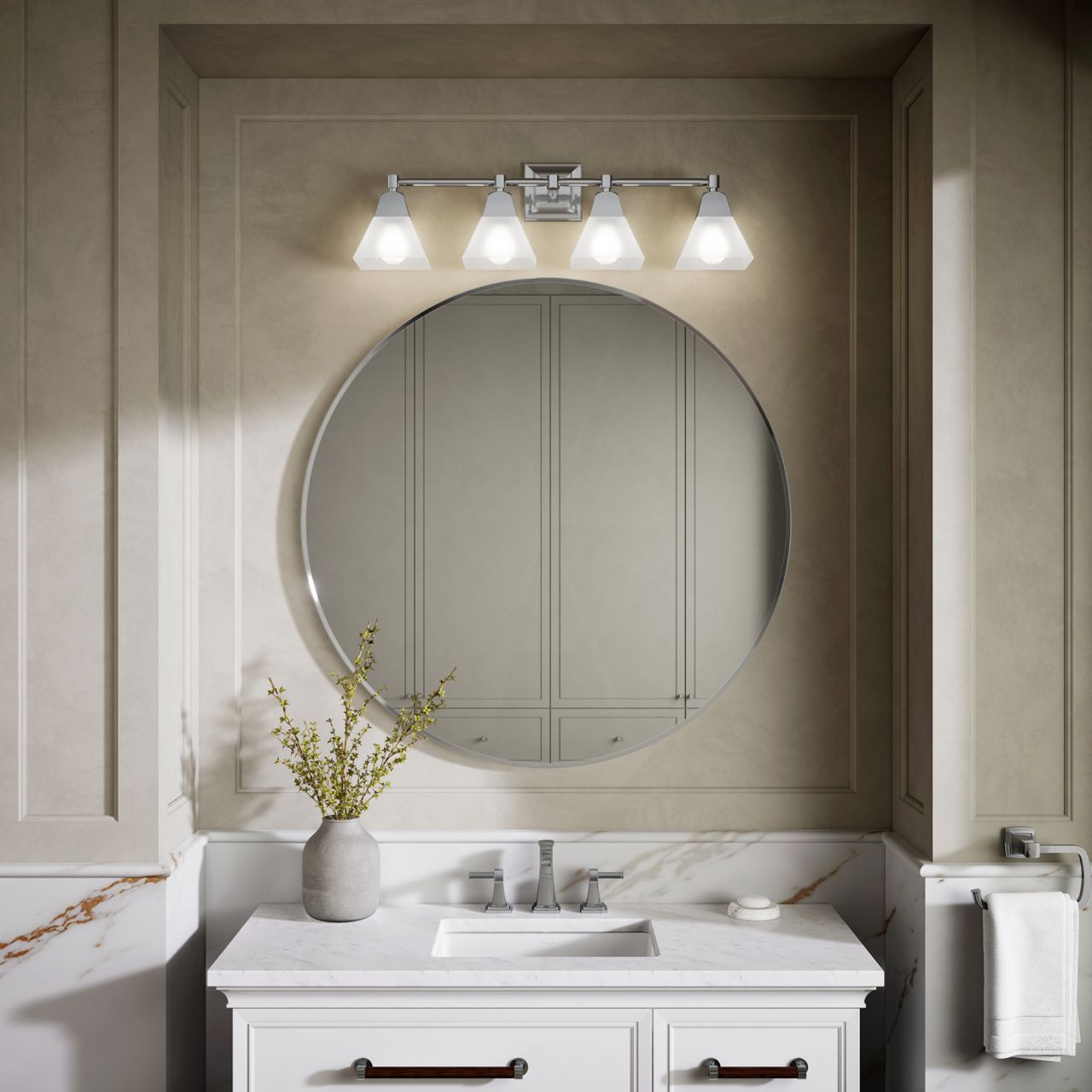 Claude collection vanity featuring a white cabinet, integrated sink, round mirror, and polished chrome lighting in a refined traditional bathroom.