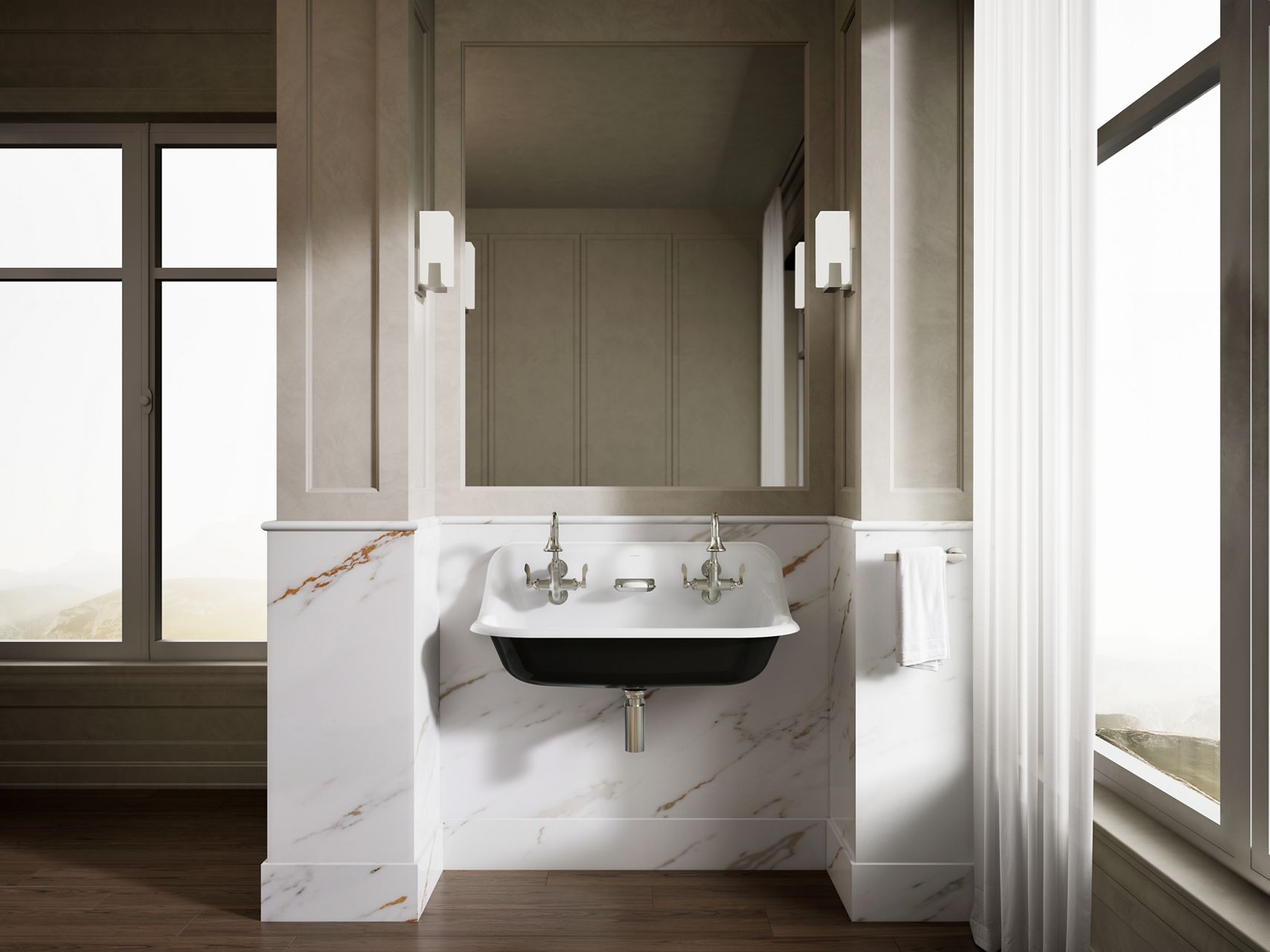 Transitional bathroom with a wall-mounted white sink featuring exposed black underside detail, marble surround, large framed mirror, and tall windows bringing in natural light