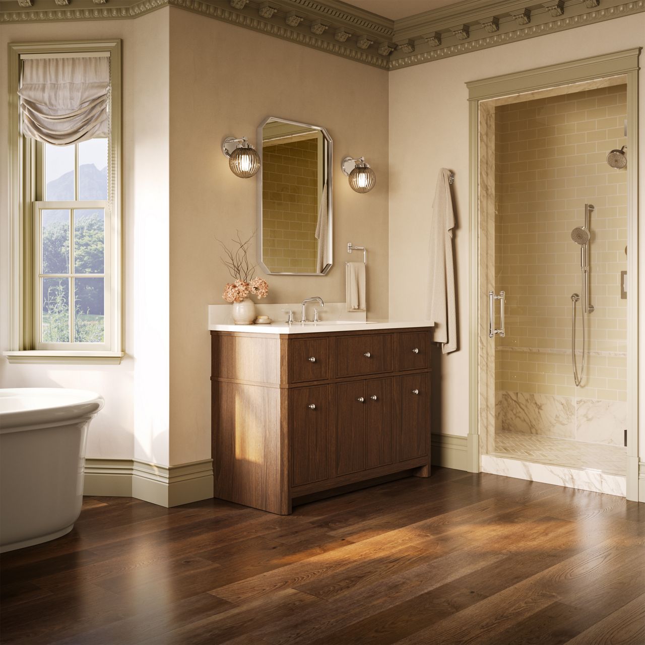 Traditional bathroom featuring a dark wood vanity, decorative mirror, wall sconces, and a glass shower enclosure.