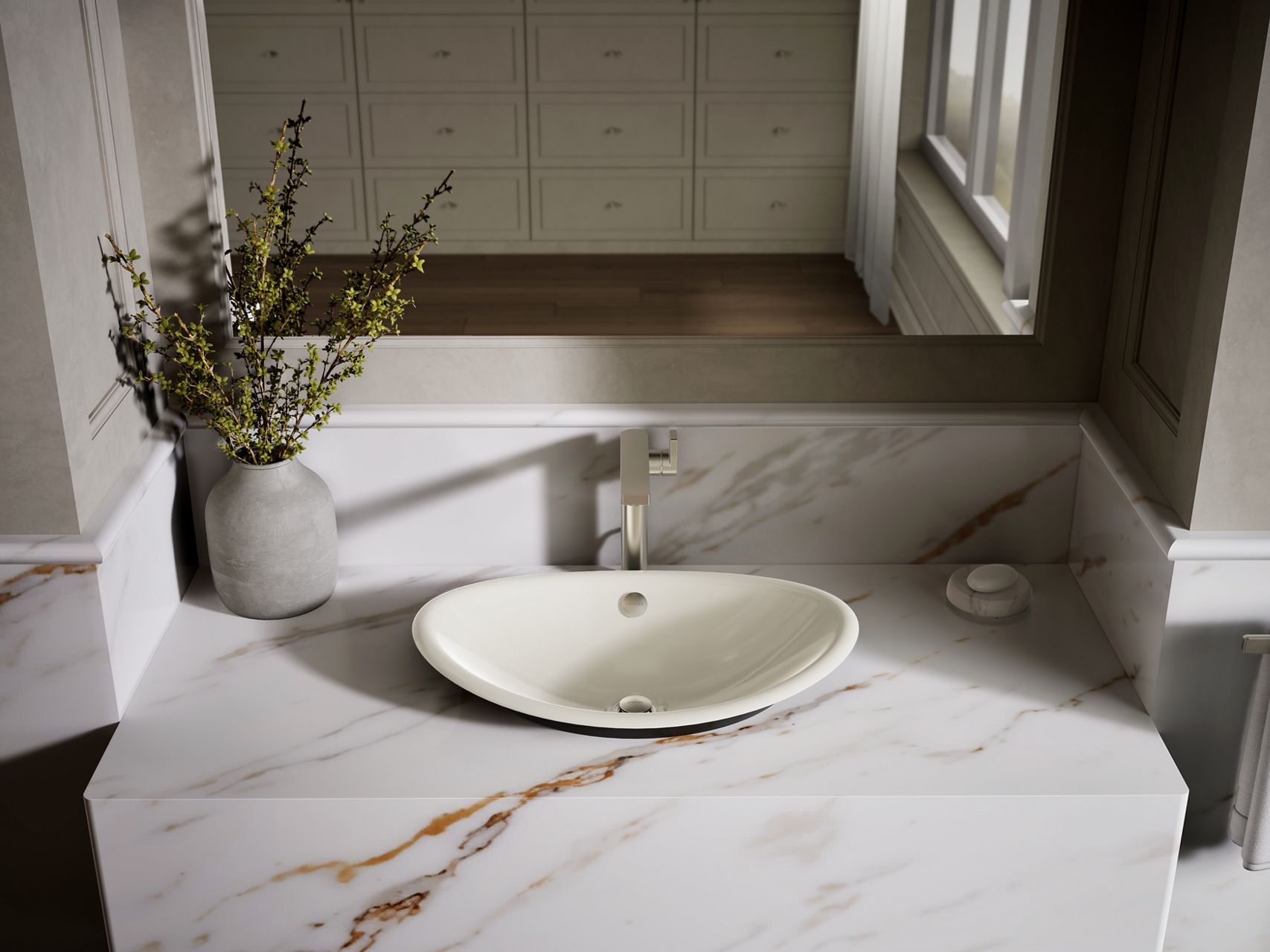Modern bathroom vanity with round vessel sink, single-handle faucet, and marble-look countertop in a softly lit transitional bathroom.