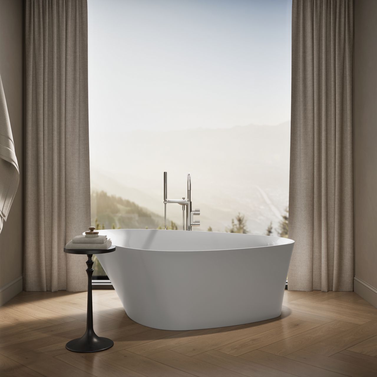 Contemporary bathroom with a white freestanding bathtub positioned in front of floor-to-ceiling windows, framed by soft neutral curtains and mountain views.