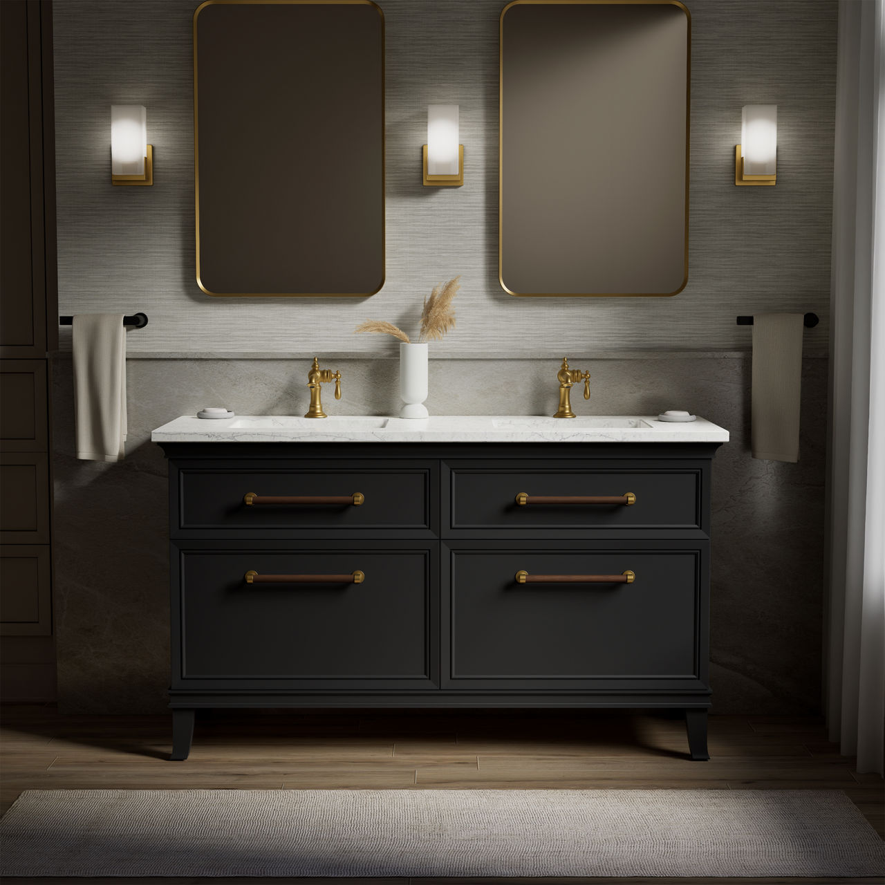 Modern bathroom with double sink vanity in black, featuring polished gold faucets, towel bars, drawer pulls, and matching wall scones with rectangular mirrors.