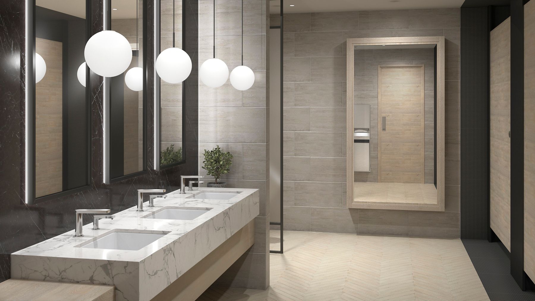 Contemporary commercial restroom featuring double vanities, illuminated mirrors, and pendant lighting.