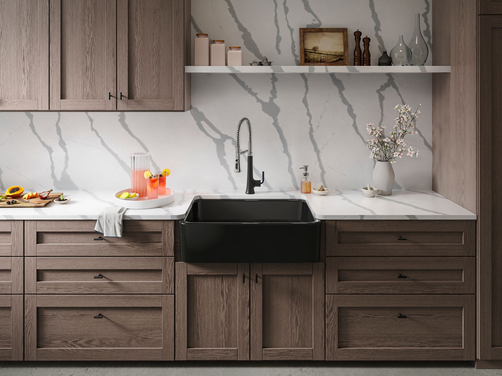 Contemporary kitchen with black farmhouse sink, black pull-down faucet, wood cabinetry, and marble-look backsplash.